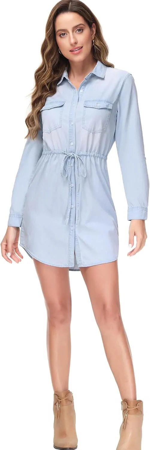 Anna-Kaci Women's Jean Shirt Dress Long Sleeves Waist Ties Casual Short Chambray Denim
