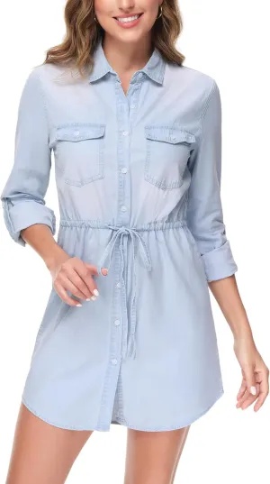 Anna-Kaci Women's Jean Shirt Dress Long Sleeves Waist Ties Casual Short Chambray Denim