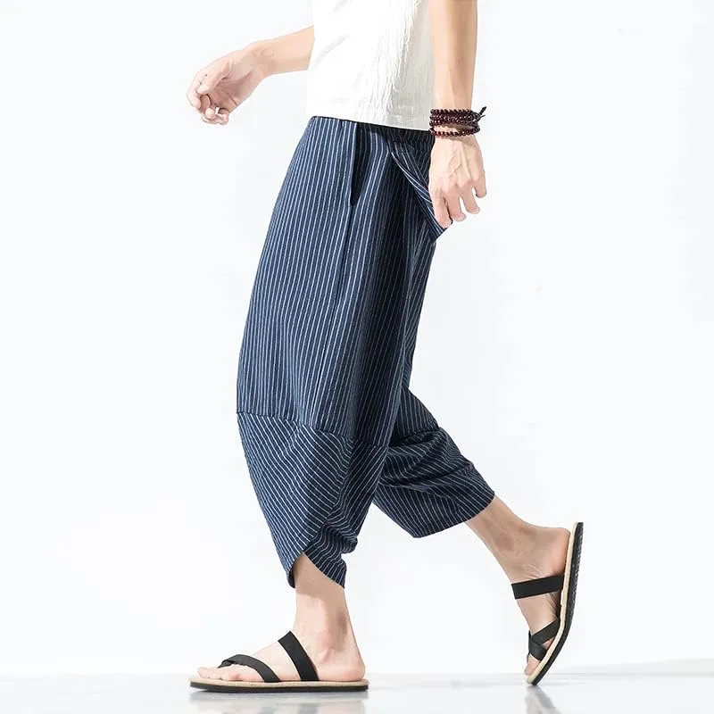 Aoleaky Autumn Harajuku Men Hip Hop Harem Pants Summer Trousers Mens Casual Pants Male Stripe Calf-Length Pants Chinese Style