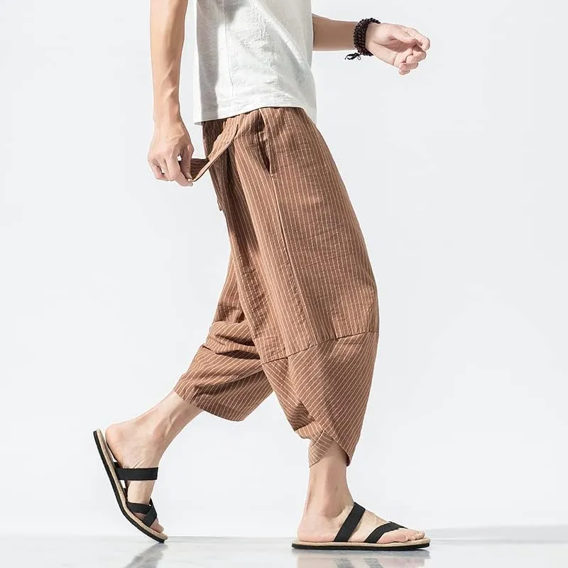 Aoleaky Autumn Harajuku Men Hip Hop Harem Pants Summer Trousers Mens Casual Pants Male Stripe Calf-Length Pants Chinese Style