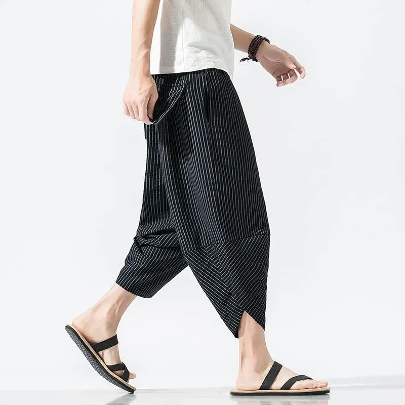 Aoleaky Autumn Harajuku Men Hip Hop Harem Pants Summer Trousers Mens Casual Pants Male Stripe Calf-Length Pants Chinese Style