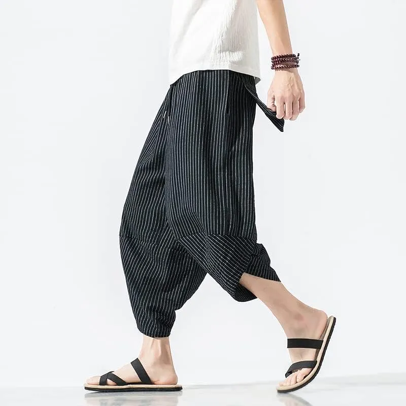 Aoleaky Autumn Harajuku Men Hip Hop Harem Pants Summer Trousers Mens Casual Pants Male Stripe Calf-Length Pants Chinese Style