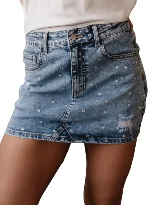 Apvirdy Womens Denim Mini Skirt Casual Rhinestone Stretch Slim Fit High Waisted Jean Skirts