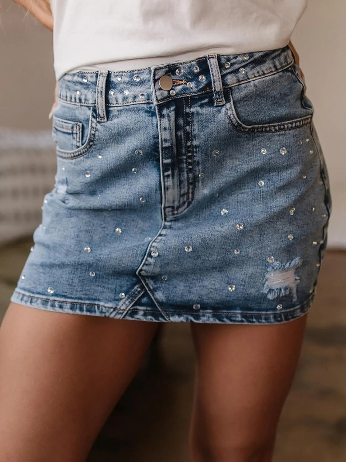 Apvirdy Womens Denim Mini Skirt Casual Rhinestone Stretch Slim Fit High Waisted Jean Skirts