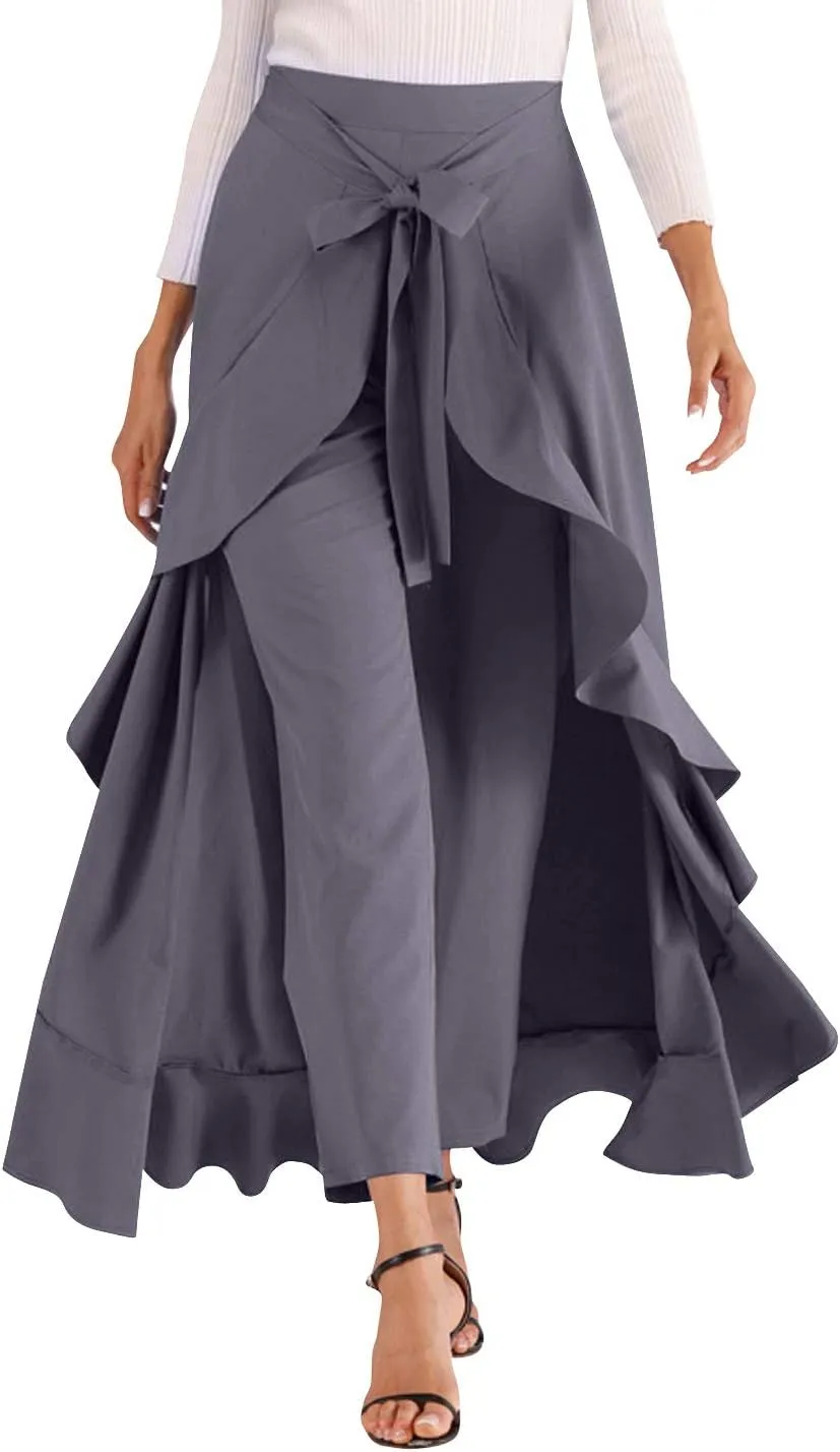 Avitalk Women Ruffle High Waist Pants Skirt Split Long Maxi Palazzo skirt