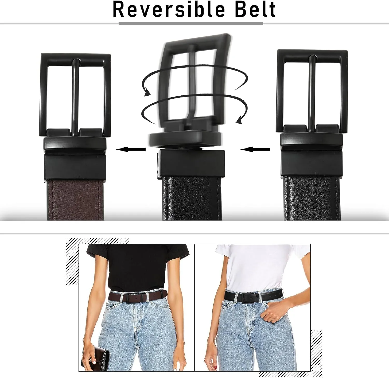 AWAYTR Reversible Leather Belt for Women - Two Color-in-One Belt for Women Men Belt with Rotated Buckle for Jeans Dress