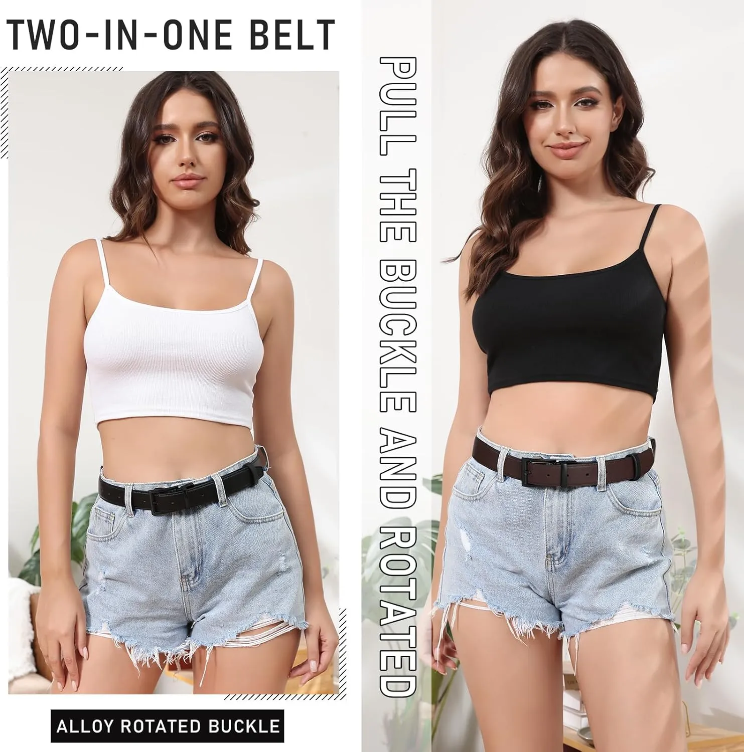 AWAYTR Reversible Leather Belt for Women - Two Color-in-One Belt for Women Men Belt with Rotated Buckle for Jeans Dress