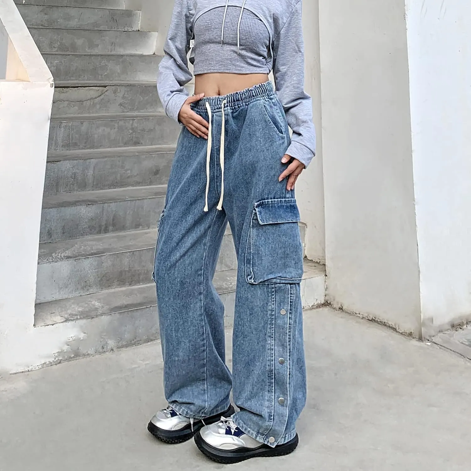 Baggy Jeans for Women High Waist Y2K Boyfriend Casual Loose Wide Leg Drawstring Cargo Pants with Pockets