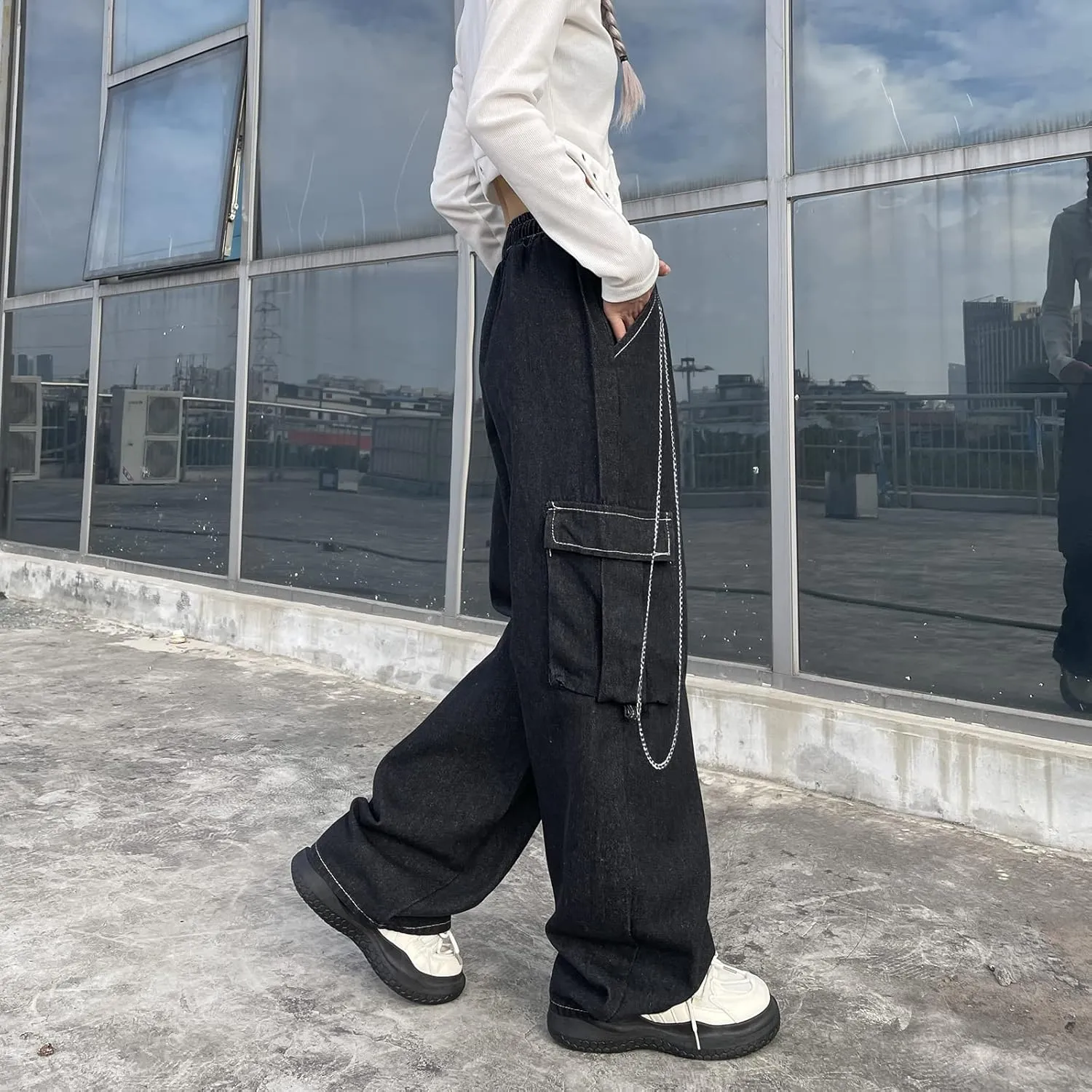 Baggy Jeans for Women High Waist Y2K Boyfriend Casual Loose Wide Leg Drawstring Cargo Pants with Pockets