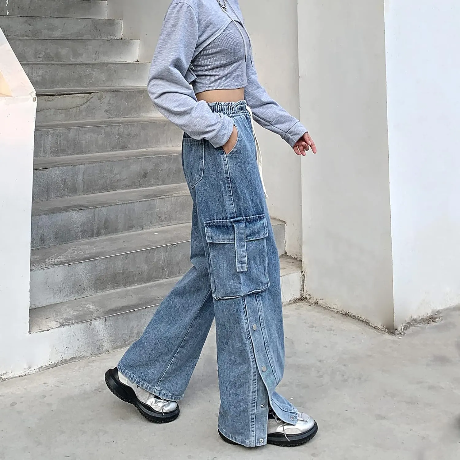 Baggy Jeans for Women High Waist Y2K Boyfriend Casual Loose Wide Leg Drawstring Cargo Pants with Pockets