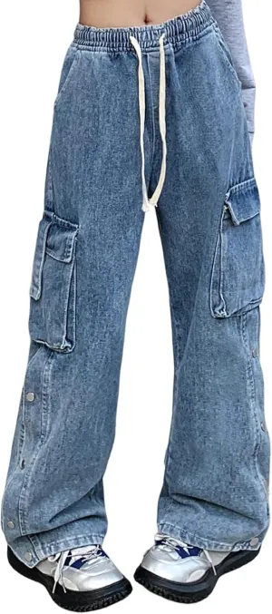 Baggy Jeans for Women High Waist Y2K Boyfriend Casual Loose Wide Leg Drawstring Cargo Pants with Pockets