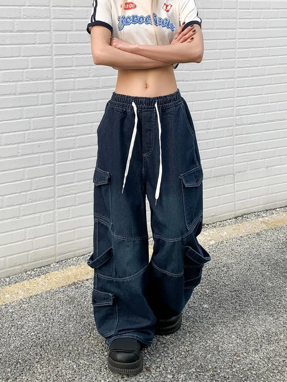 Baggy Jeans for Women High Waist Y2K Boyfriend Casual Loose Wide Leg Drawstring Cargo Pants with Pockets