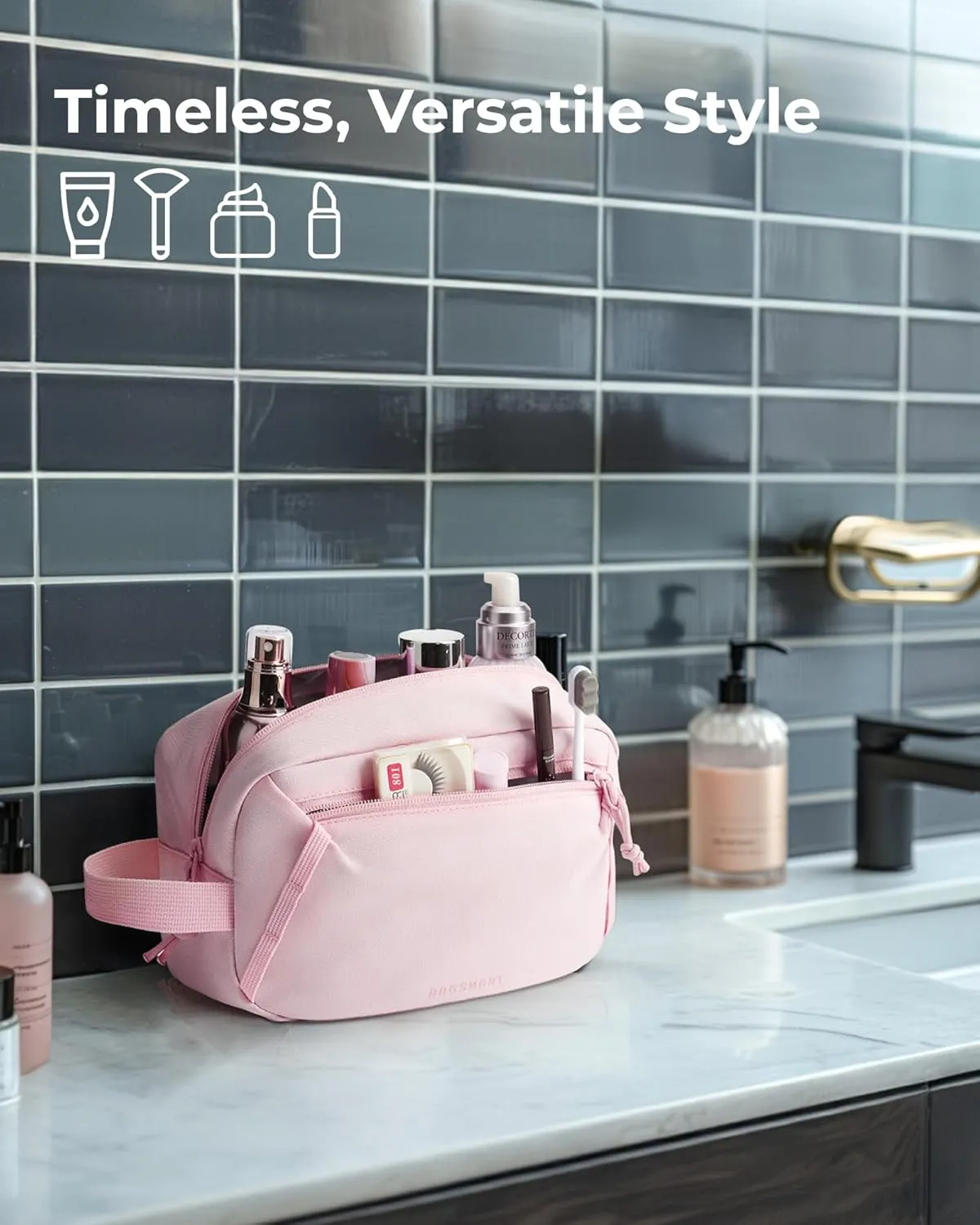 BAGSMART Travel Toiletry Bag for Men and Women, Water-resistant Small Hygiene Organizer for Bathroom Shower, Pink