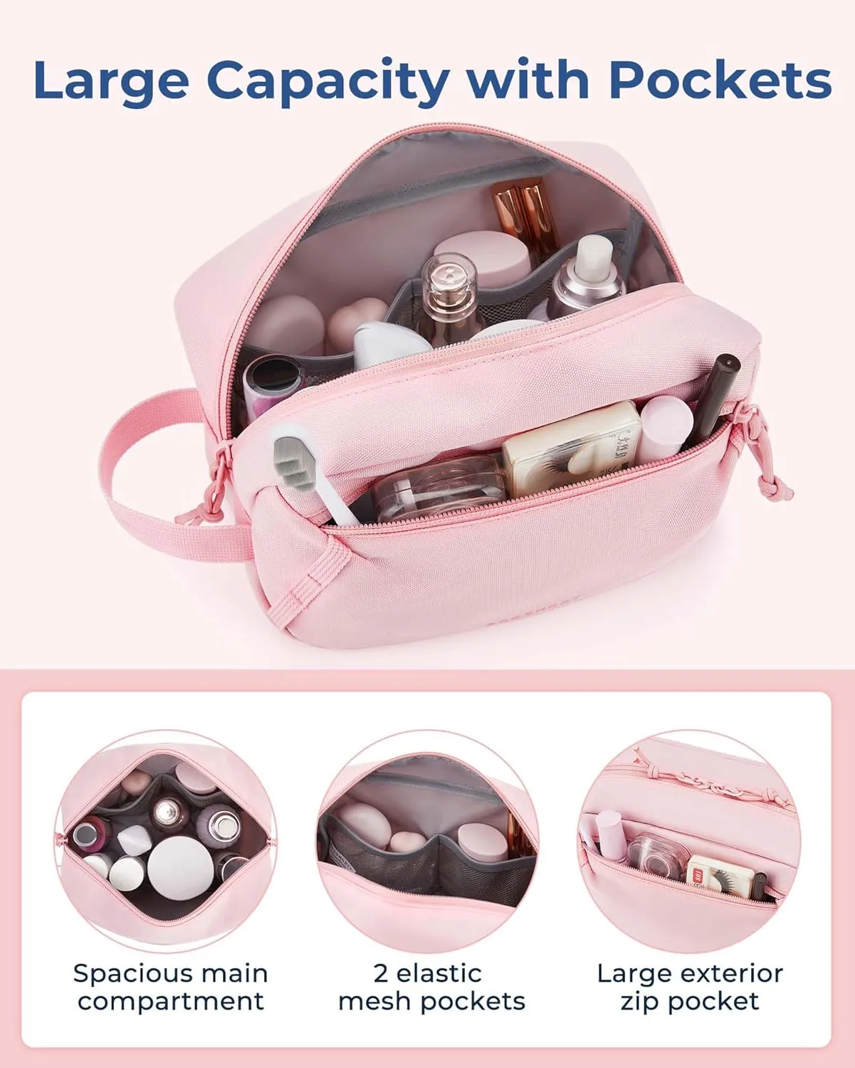 BAGSMART Travel Toiletry Bag for Men and Women, Water-resistant Small Hygiene Organizer for Bathroom Shower, Pink