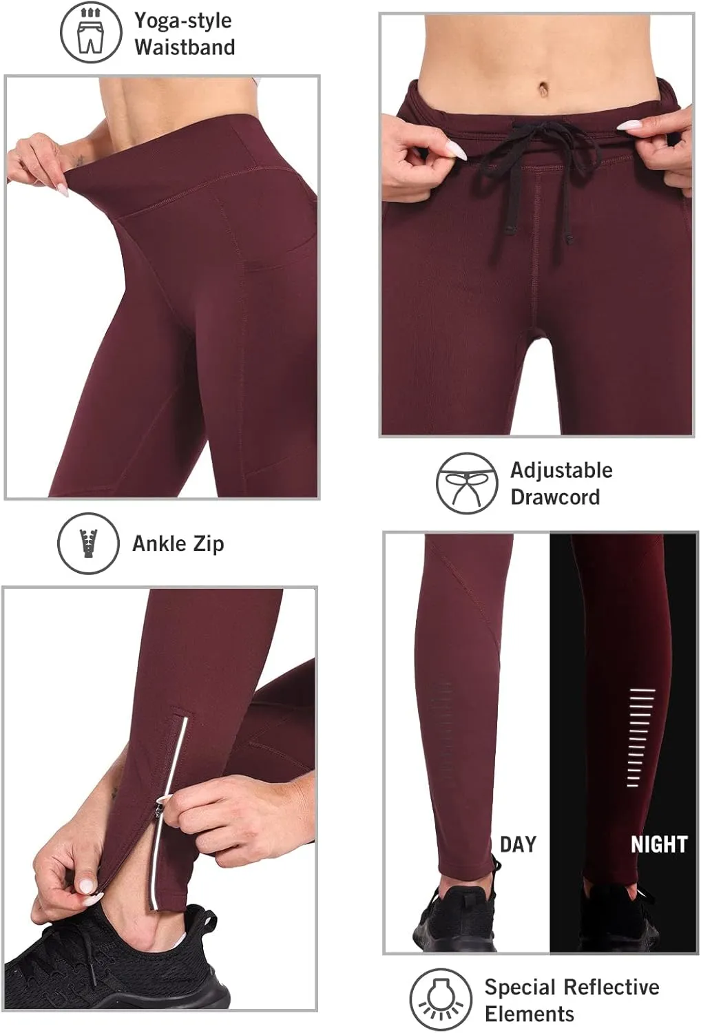 baleaf Women's Fleece Lined Leggings Water Resistant Winter Clothes Running Tights Cold Weather Hiking Pants Zip Pockets
