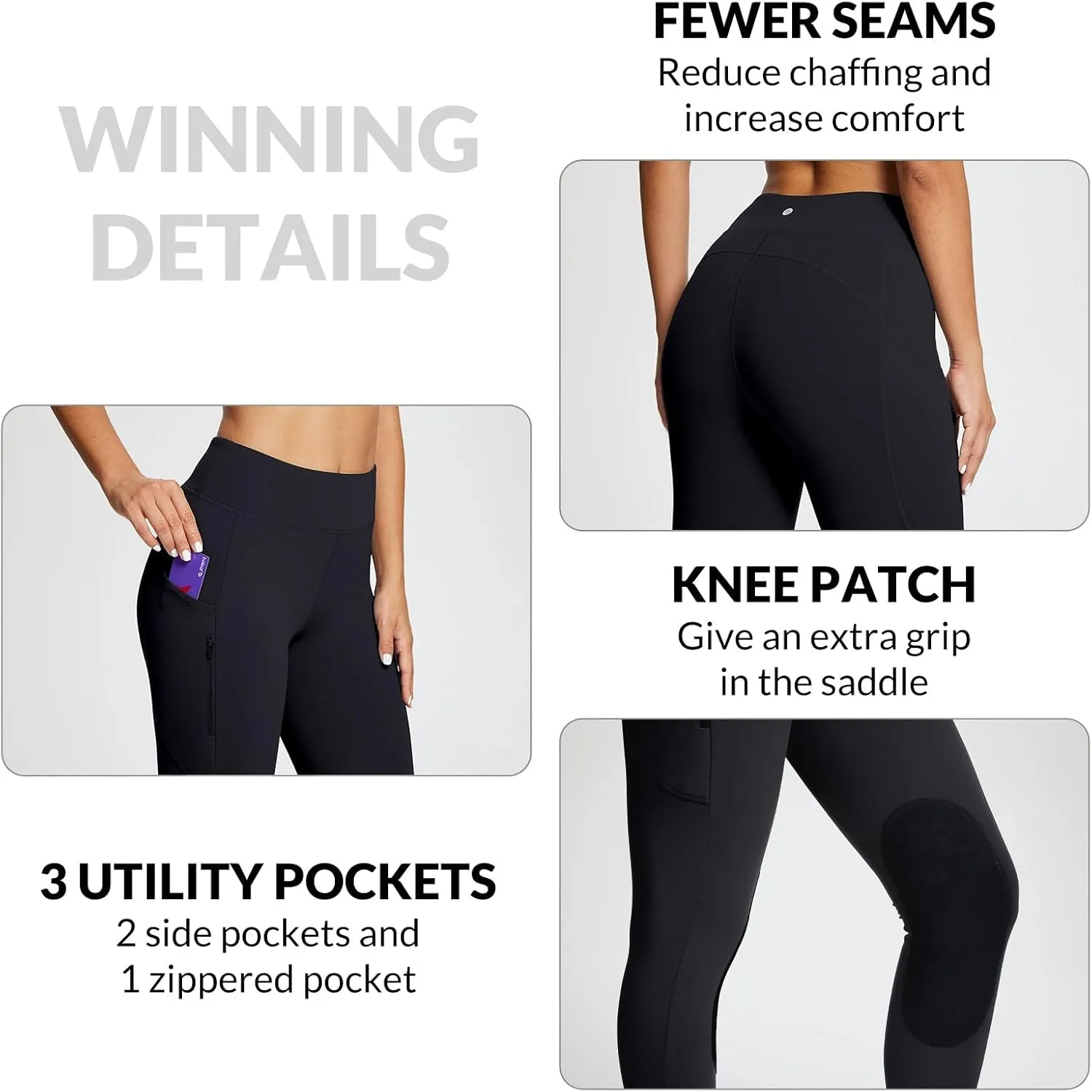 baleaf Women's Winter Riding Pants Horse Breeches Knee-Patch Fleece Horseback Equestrian Tights Pockets Leggings
