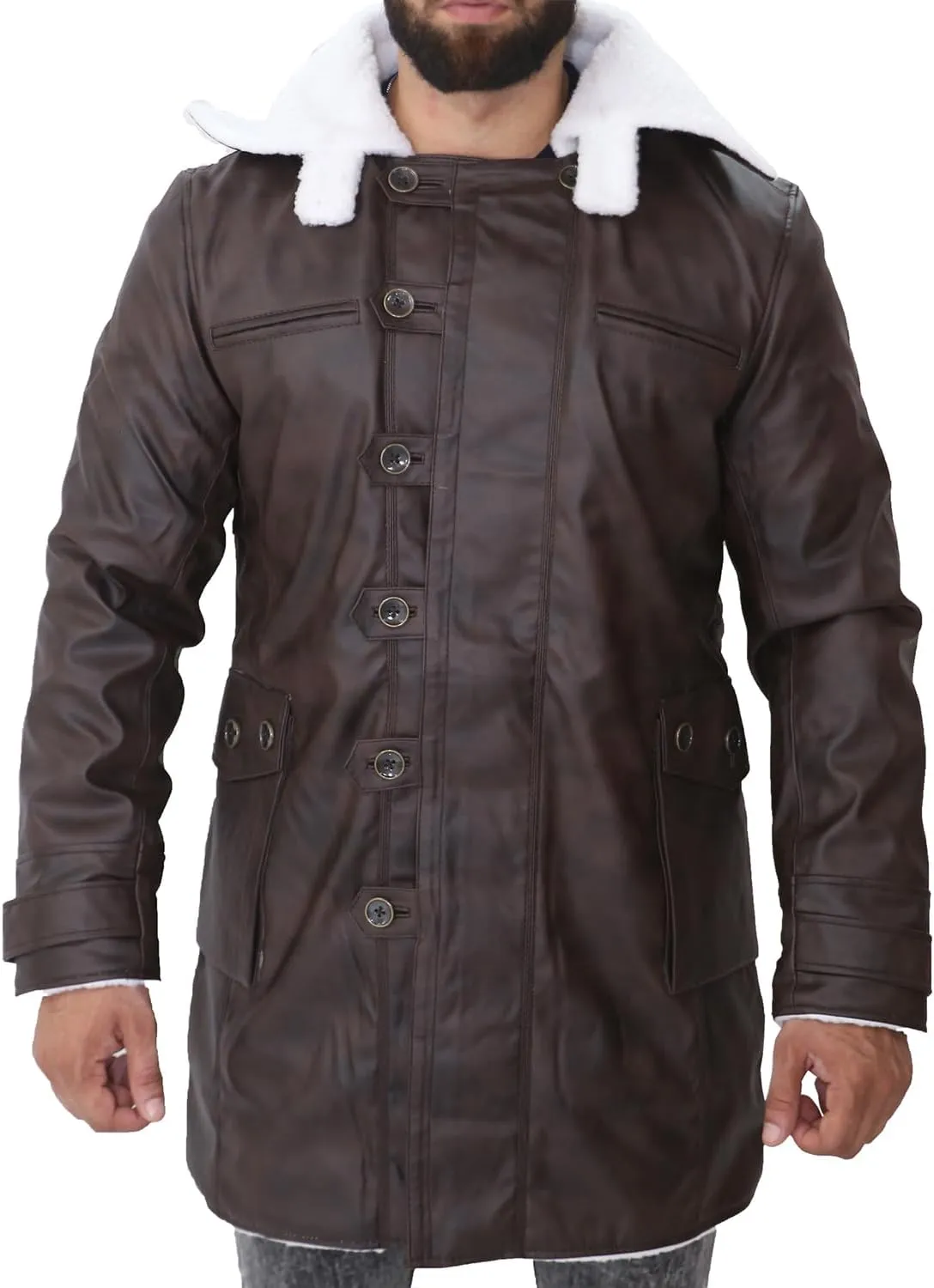 Bane Coat Knight Rises Tom Shearling Leather Coat Hardy Winter Ginger Swedish Brown Trench Leather Duster Coat (Large)