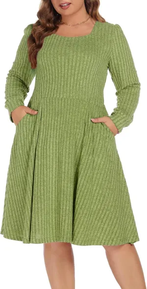 BEDOAR Plus Size Square-Neck Dress Long Sleeve Stretchy Comfy Casual Fall/Winter Dress with Pockets