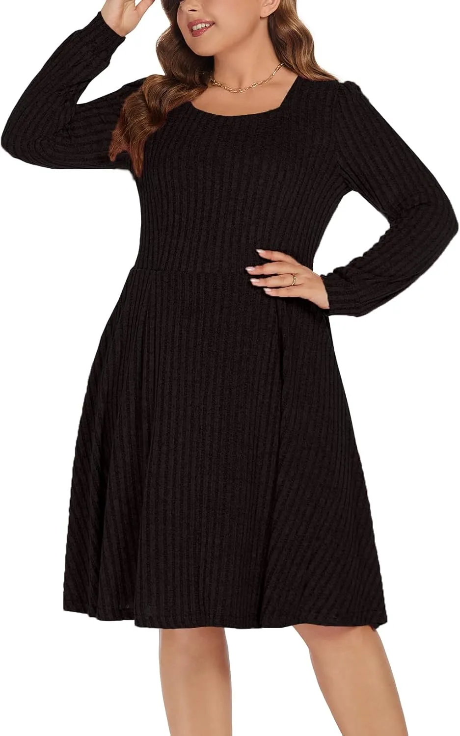 BEDOAR Plus Size Square-Neck Dress Long Sleeve Stretchy Comfy Casual Fall/Winter Dress with Pockets