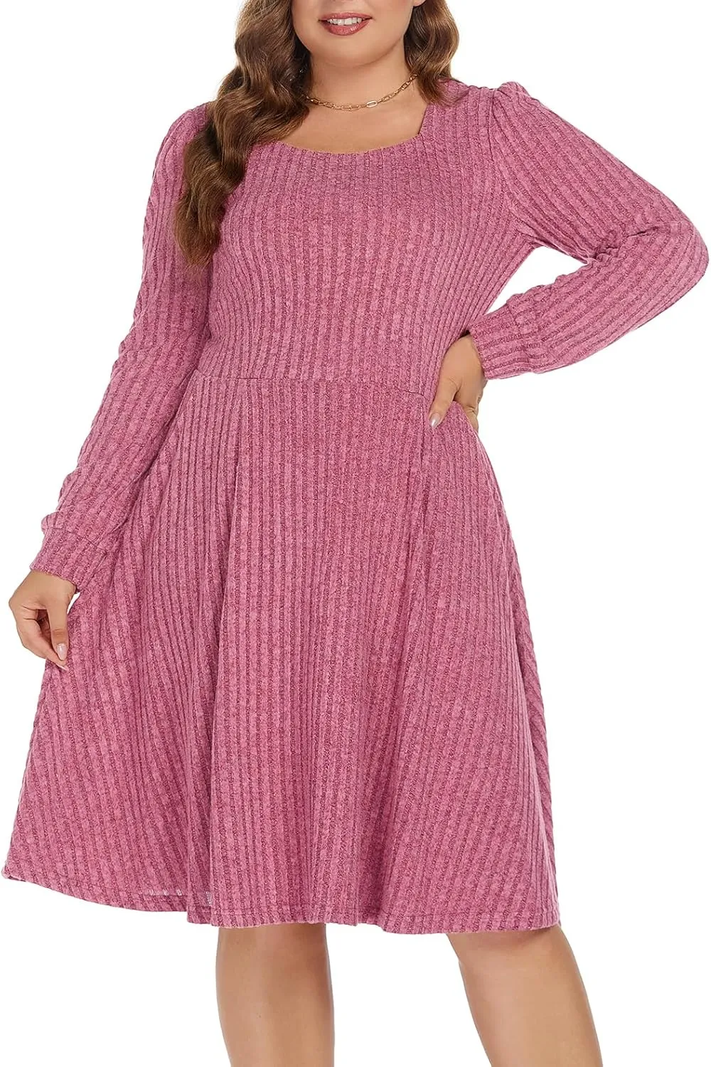 BEDOAR Plus Size Square-Neck Dress Long Sleeve Stretchy Comfy Casual Fall/Winter Dress with Pockets