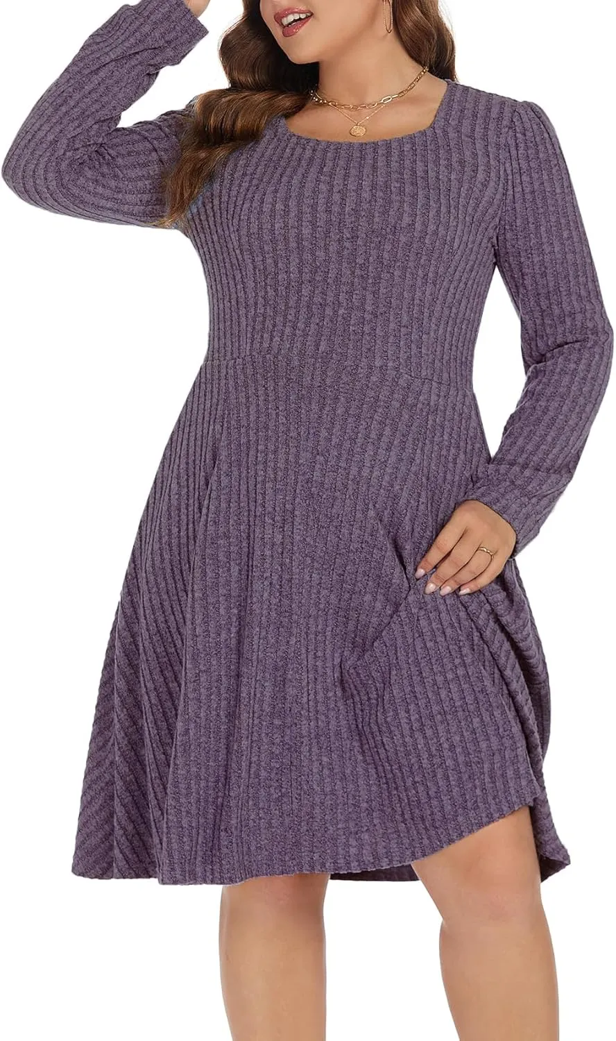 BEDOAR Plus Size Square-Neck Dress Long Sleeve Stretchy Comfy Casual Fall/Winter Dress with Pockets