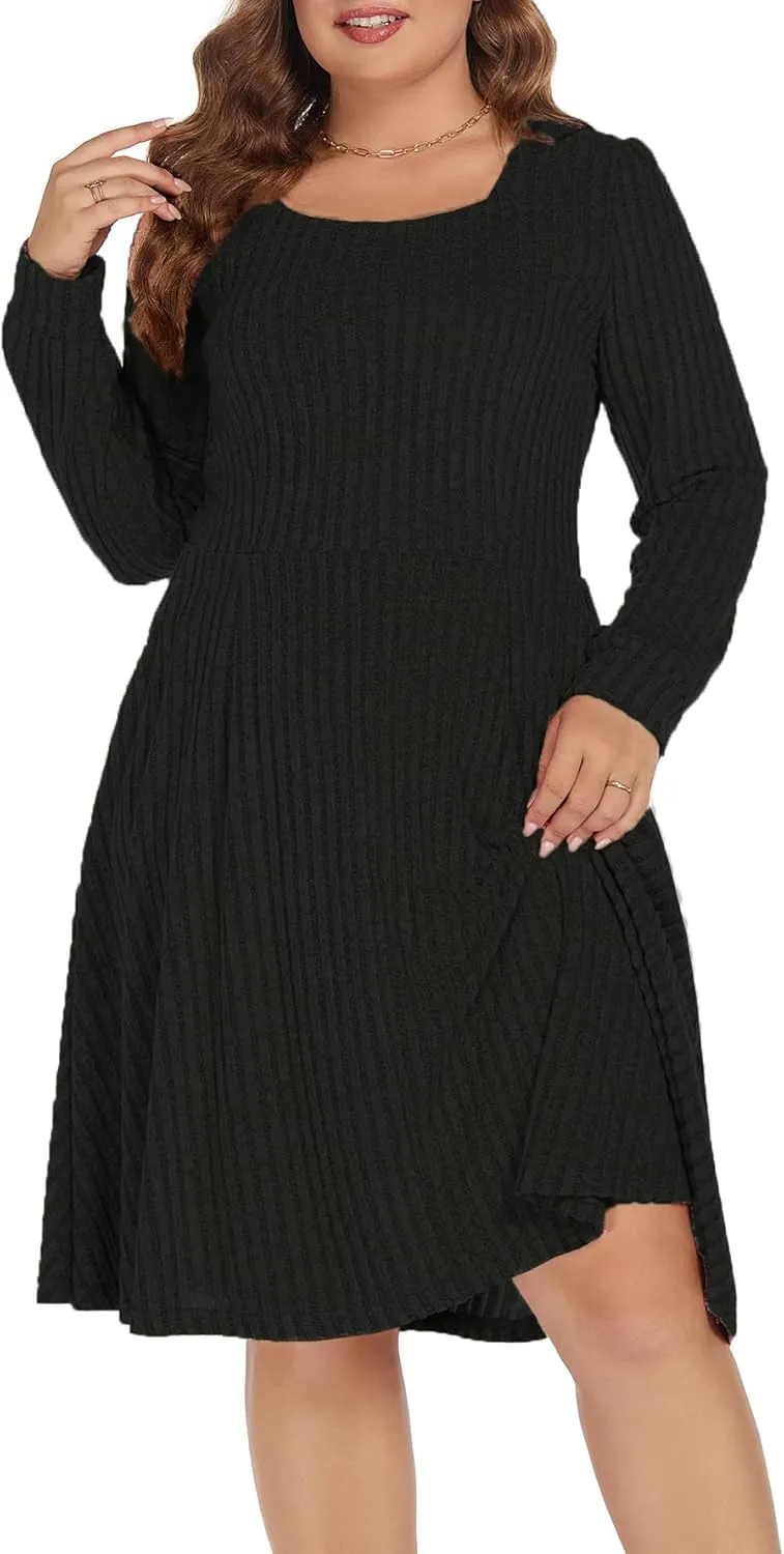 BEDOAR Plus Size Square-Neck Dress Long Sleeve Stretchy Comfy Casual Fall/Winter Dress with Pockets