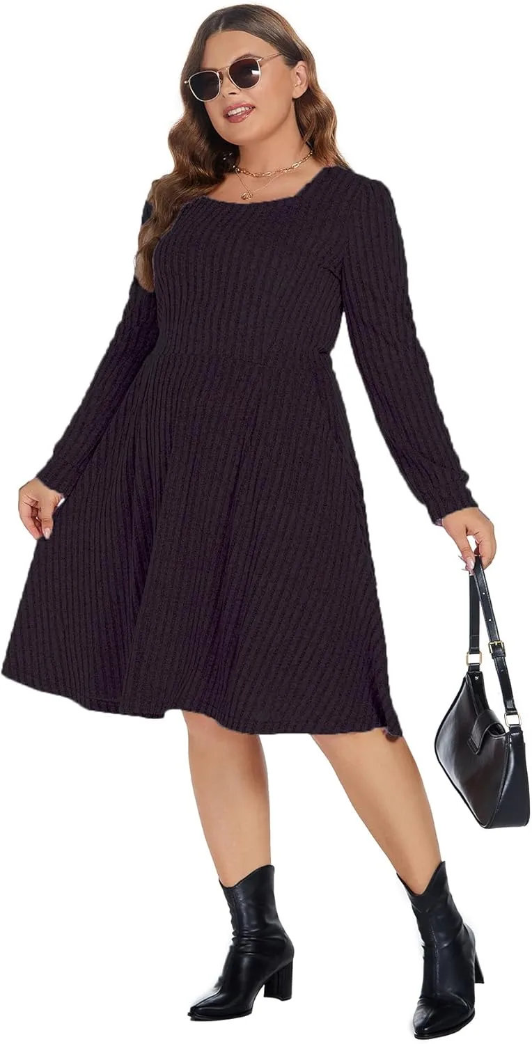 BEDOAR Plus Size Square-Neck Dress Long Sleeve Stretchy Comfy Casual Fall/Winter Dress with Pockets