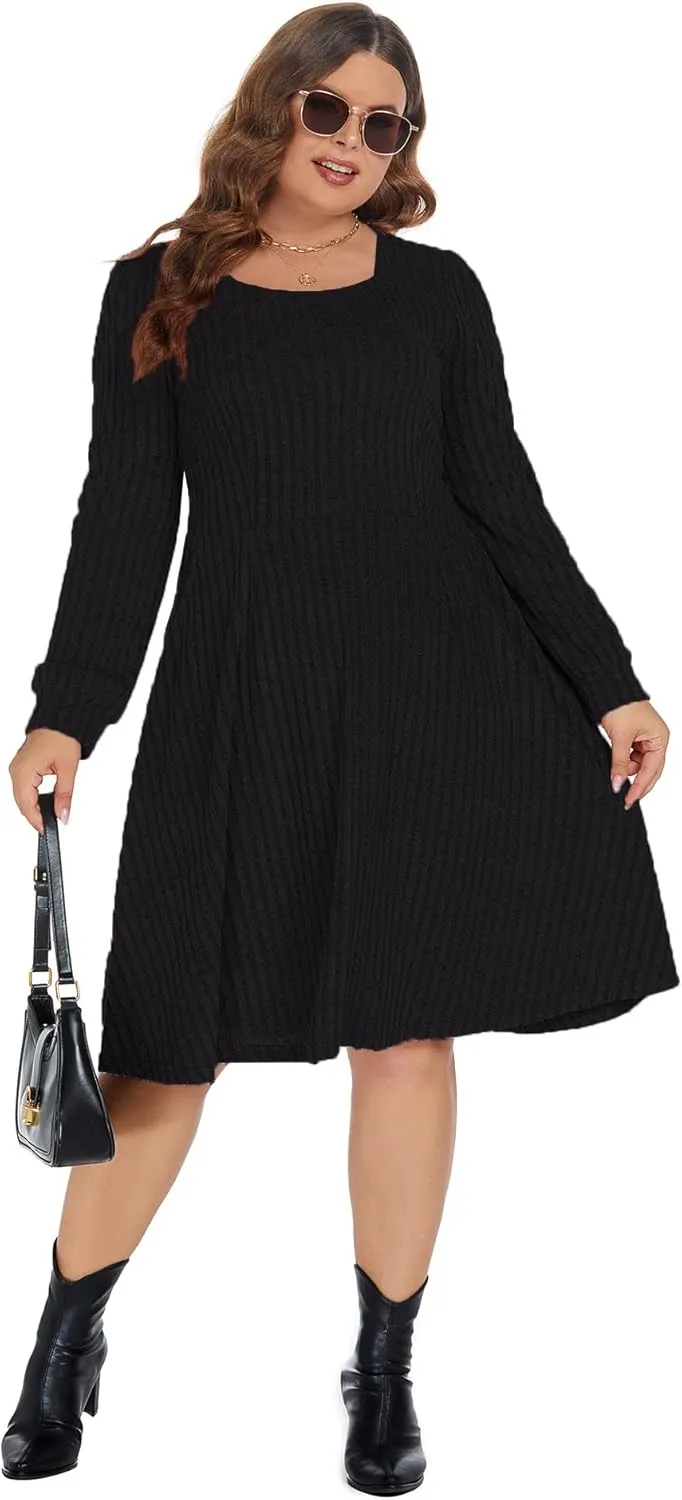 BEDOAR Plus Size Square-Neck Dress Long Sleeve Stretchy Comfy Casual Fall/Winter Dress with Pockets