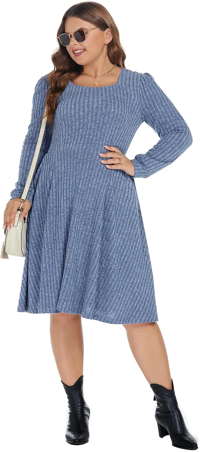 BEDOAR Plus Size Square-Neck Dress Long Sleeve Stretchy Comfy Casual Fall/Winter Dress with Pockets