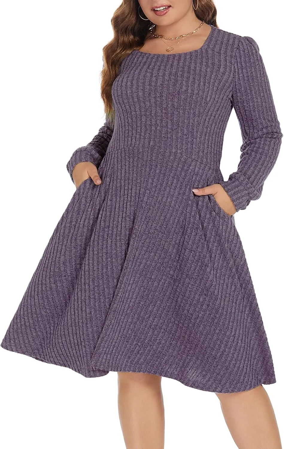 BEDOAR Plus Size Square-Neck Dress Long Sleeve Stretchy Comfy Casual Fall/Winter Dress with Pockets