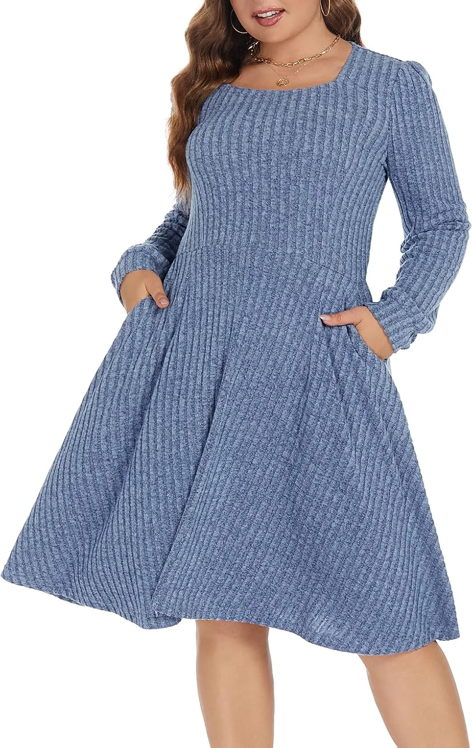 BEDOAR Plus Size Square-Neck Dress Long Sleeve Stretchy Comfy Casual Fall/Winter Dress with Pockets