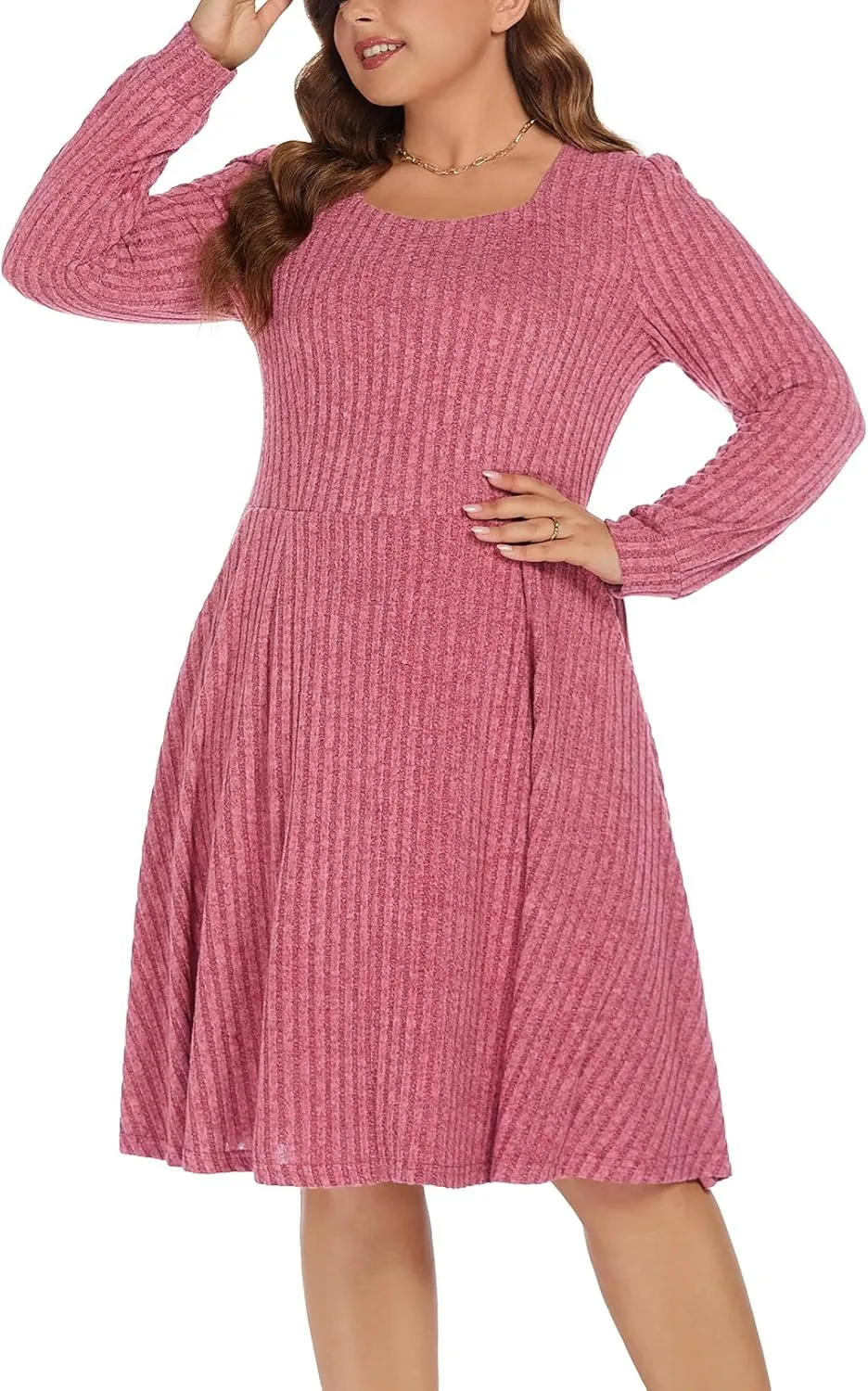BEDOAR Plus Size Square-Neck Dress Long Sleeve Stretchy Comfy Casual Fall/Winter Dress with Pockets