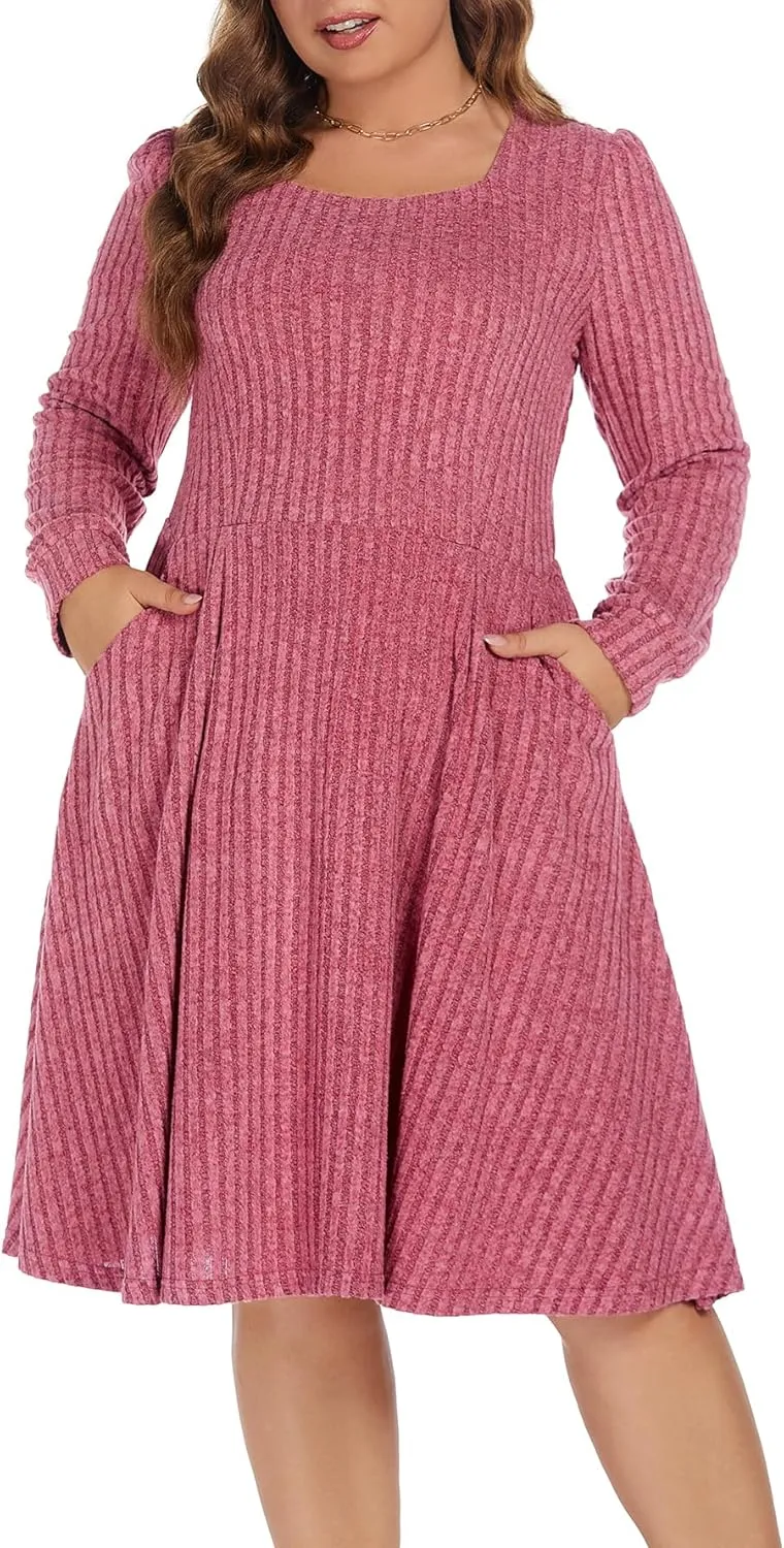 BEDOAR Plus Size Square-Neck Dress Long Sleeve Stretchy Comfy Casual Fall/Winter Dress with Pockets