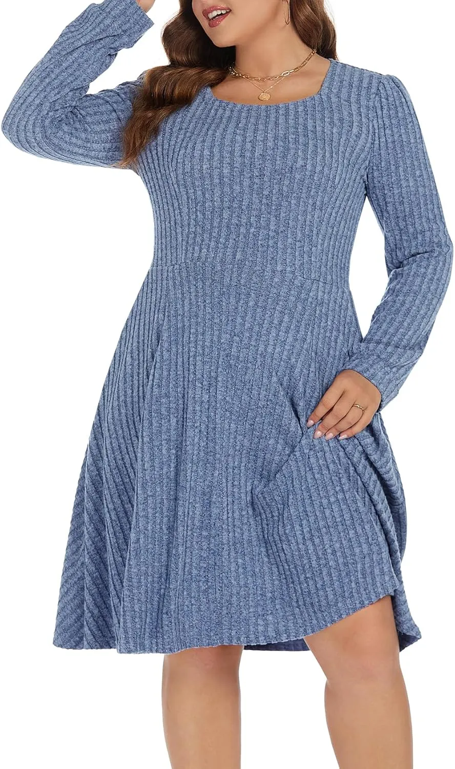 BEDOAR Plus Size Square-Neck Dress Long Sleeve Stretchy Comfy Casual Fall/Winter Dress with Pockets