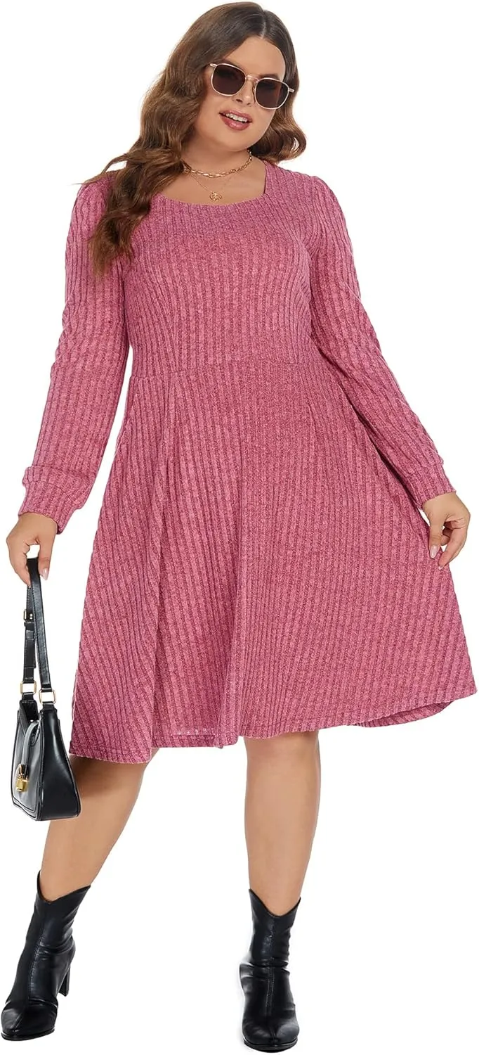 BEDOAR Plus Size Square-Neck Dress Long Sleeve Stretchy Comfy Casual Fall/Winter Dress with Pockets