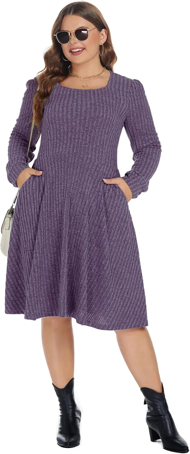 BEDOAR Plus Size Square-Neck Dress Long Sleeve Stretchy Comfy Casual Fall/Winter Dress with Pockets