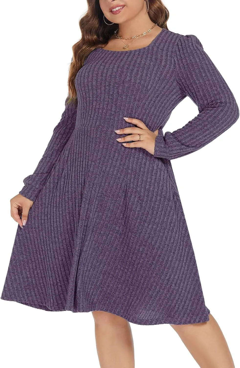 BEDOAR Plus Size Square-Neck Dress Long Sleeve Stretchy Comfy Casual Fall/Winter Dress with Pockets