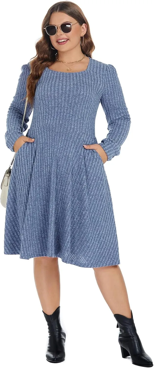 BEDOAR Plus Size Square-Neck Dress Long Sleeve Stretchy Comfy Casual Fall/Winter Dress with Pockets