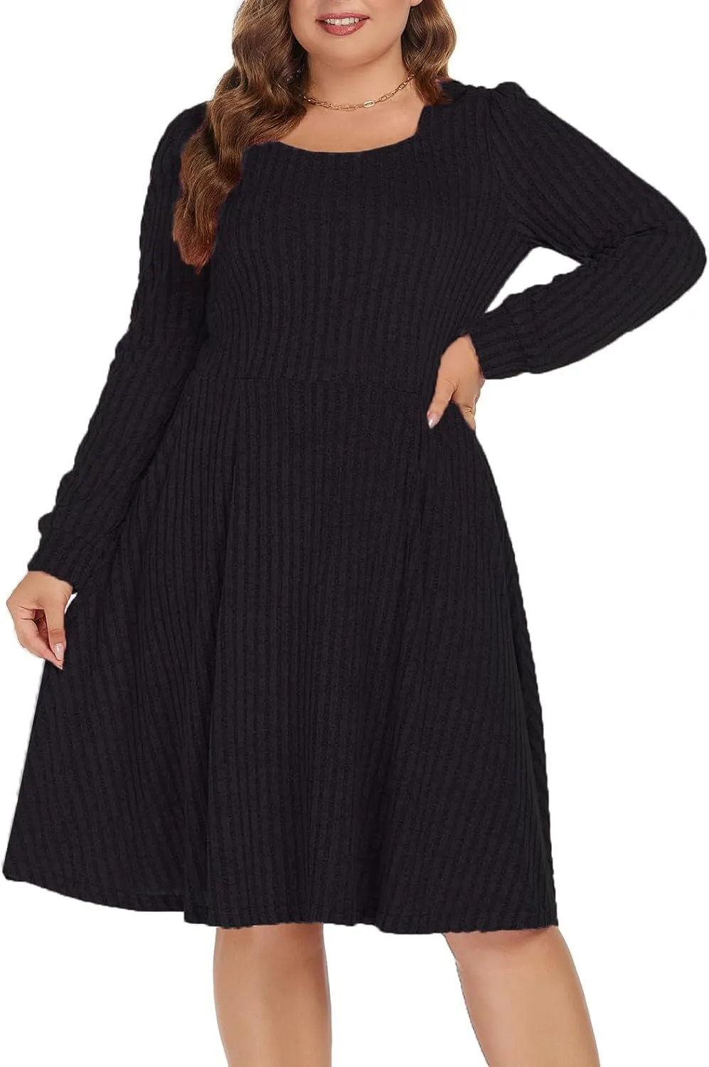 BEDOAR Plus Size Square-Neck Dress Long Sleeve Stretchy Comfy Casual Fall/Winter Dress with Pockets