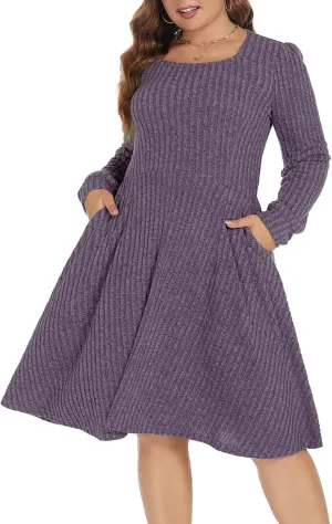 BEDOAR Plus Size Square-Neck Dress Long Sleeve Stretchy Comfy Casual Fall/Winter Dress with Pockets