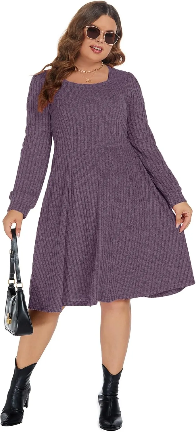 BEDOAR Plus Size Square-Neck Dress Long Sleeve Stretchy Comfy Casual Fall/Winter Dress with Pockets