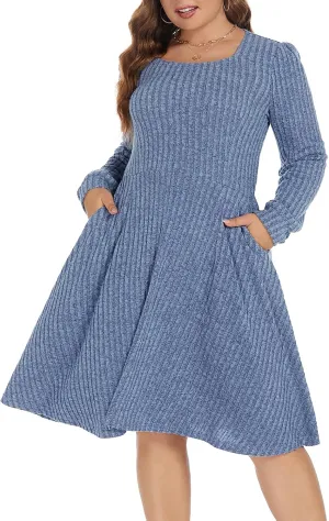 BEDOAR Plus Size Square-Neck Dress Long Sleeve Stretchy Comfy Casual Fall/Winter Dress with Pockets