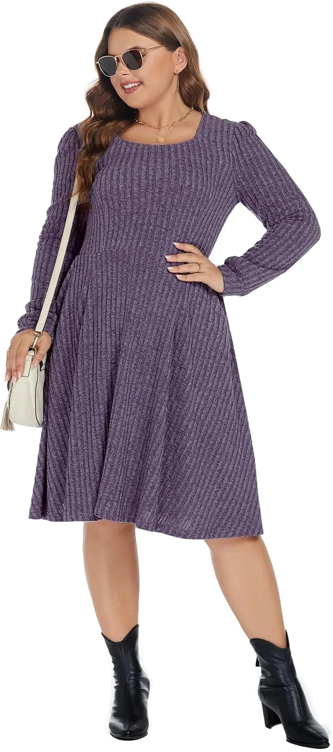 BEDOAR Plus Size Square-Neck Dress Long Sleeve Stretchy Comfy Casual Fall/Winter Dress with Pockets