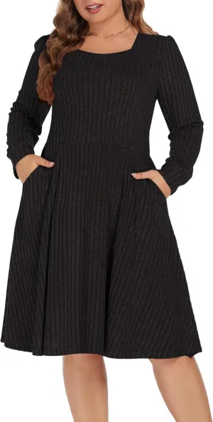 BEDOAR Plus Size Square-Neck Dress Long Sleeve Stretchy Comfy Casual Fall/Winter Dress with Pockets