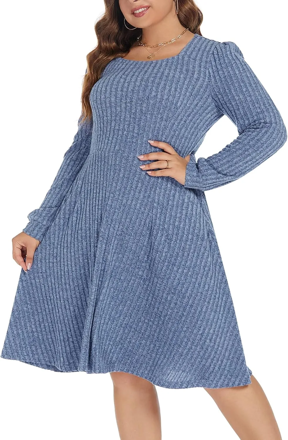 BEDOAR Plus Size Square-Neck Dress Long Sleeve Stretchy Comfy Casual Fall/Winter Dress with Pockets