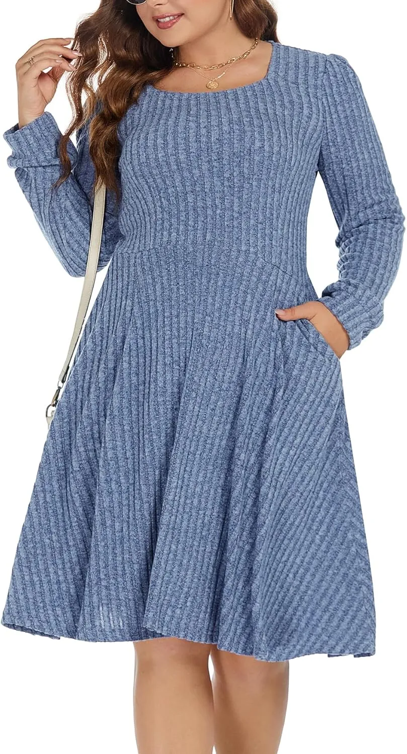 BEDOAR Plus Size Square-Neck Dress Long Sleeve Stretchy Comfy Casual Fall/Winter Dress with Pockets