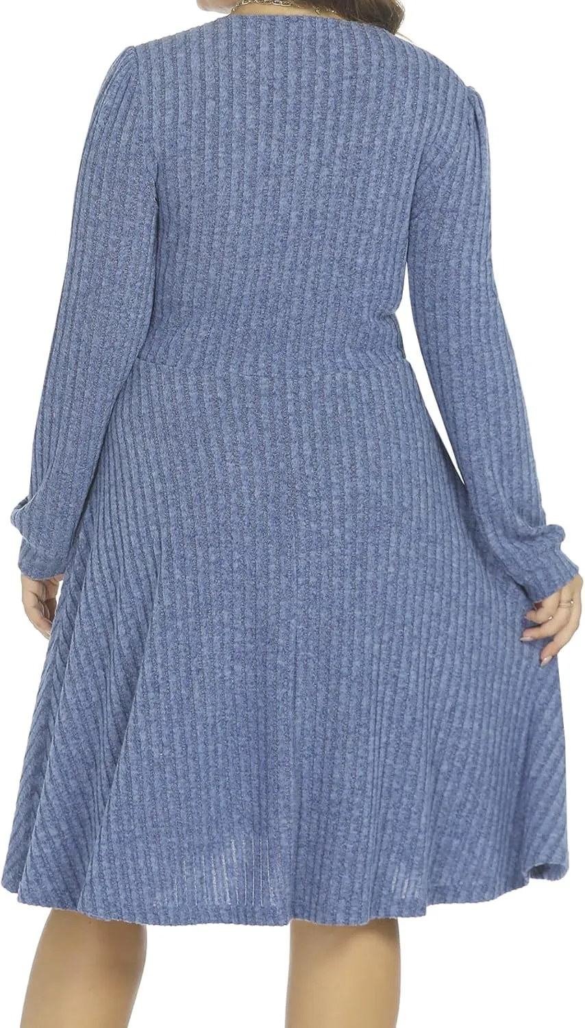 BEDOAR Plus Size Square-Neck Dress Long Sleeve Stretchy Comfy Casual Fall/Winter Dress with Pockets