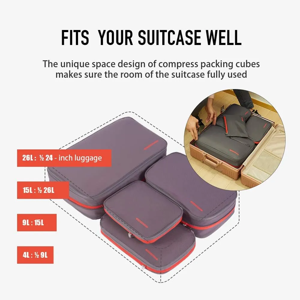 BeeNesting Waterproof Compression Packing Cubes 5/6/8 sets, Large Travel Packing organizers for Carry on Luggage, 2 Sides Expandable Storage Bags (Dark Green, 4L)