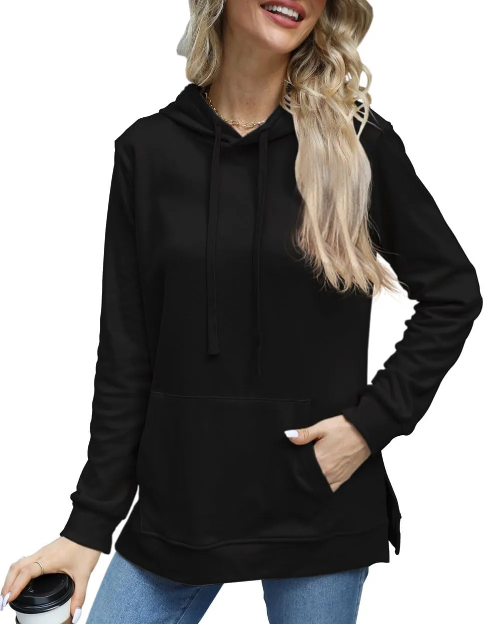 Beimuc Hoodies for Women Fashion Split Hem Drawstring Casual Long Sleeve Sweatshirts Tops with Pockets