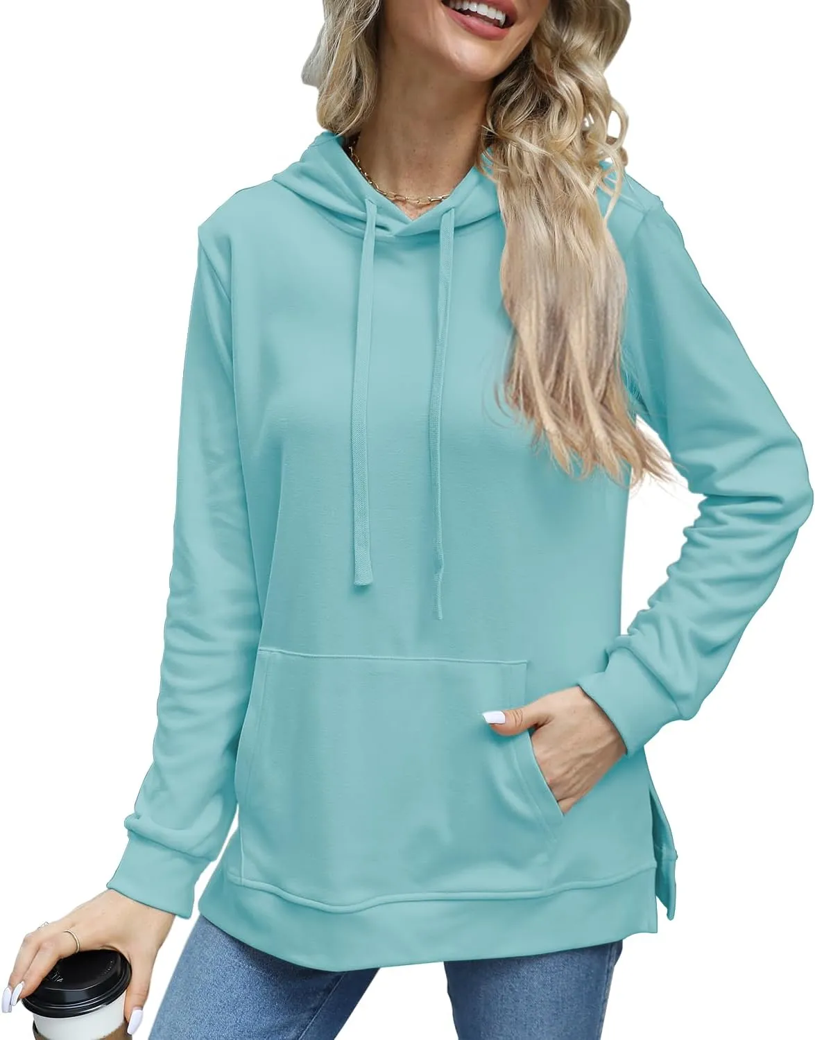 Beimuc Hoodies for Women Fashion Split Hem Drawstring Casual Long Sleeve Sweatshirts Tops with Pockets